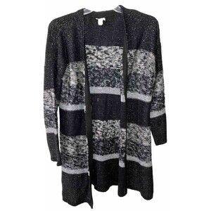 Chicos Cardigan Sweater Women's 3 Black/Silver Long Striped Open Front Cozy